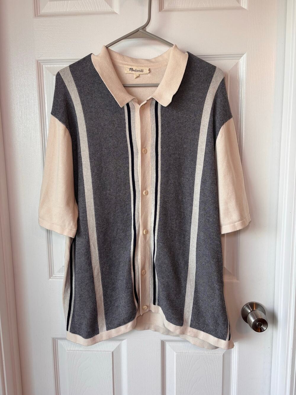 Madewell Mens Medium Striped Knit Button Front Polo Cardigan Top Cream Navy